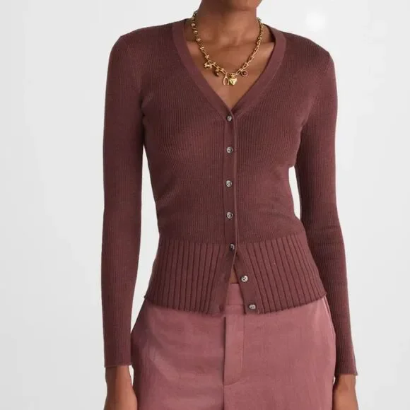 Madewell Merino Silk V-Neck Cardigan Brown Slim Fit Knit XXS NY442 Quiet Luxury - Picture 2 of 11